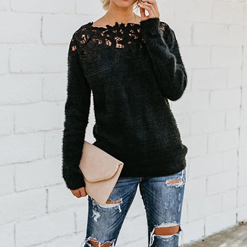 Women Girls Lace Knitted Sweater Pullover Fashion Casual Soft Knitted Long Sleeve Knitwear Blouse Sweater