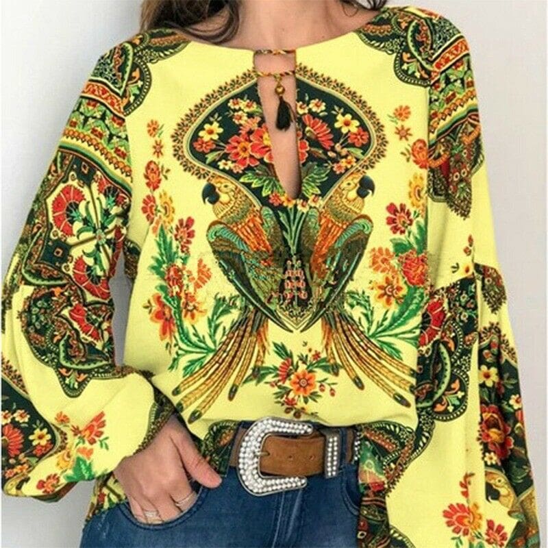 2019 Fashion Women Lady Boho Floral V-Neck Long Sleeve T-Shirts Summer Autumn Casual Loose Tops Plus Size