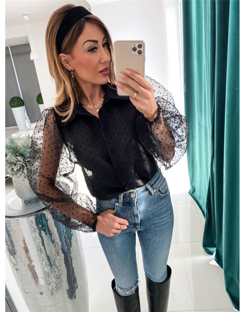 Women See Through Sleeve Sheer Mesh Dot Shirt Blouse Tops OL Puff Long Sleeve Shirt V-neck Buttons Shirts Blouses Outwear 2020