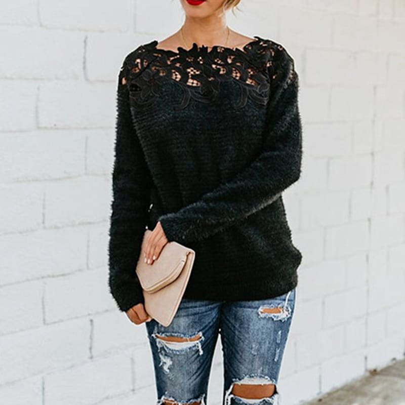 Women Girls Lace Knitted Sweater Pullover Fashion Casual Soft Knitted Long Sleeve Knitwear Blouse Sweater