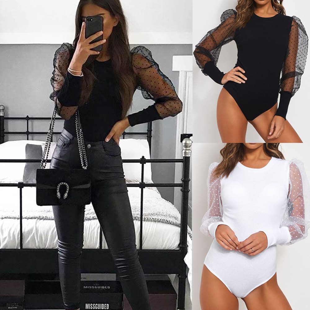 Women Ladies Puff Mesh Sleeve Tops Pullover Bodysuit Fashion Ladies Sweater Blouse Slin Fit Jumpsuit Tops