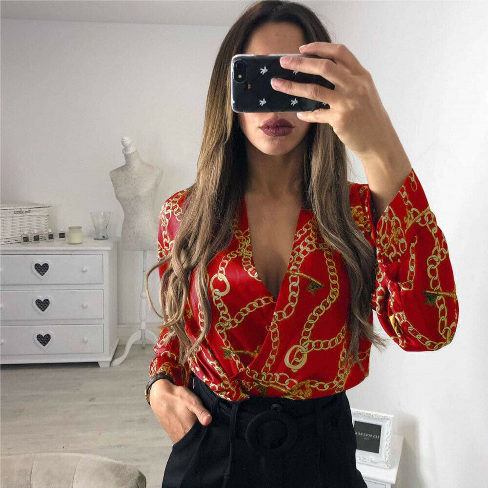 Vintage Silk Rompers Womens Jumpsuit Long Sleeve Chain Print Top Shirt Ladies Deep V Neck Key Printed Sexy Satin Bodysuits