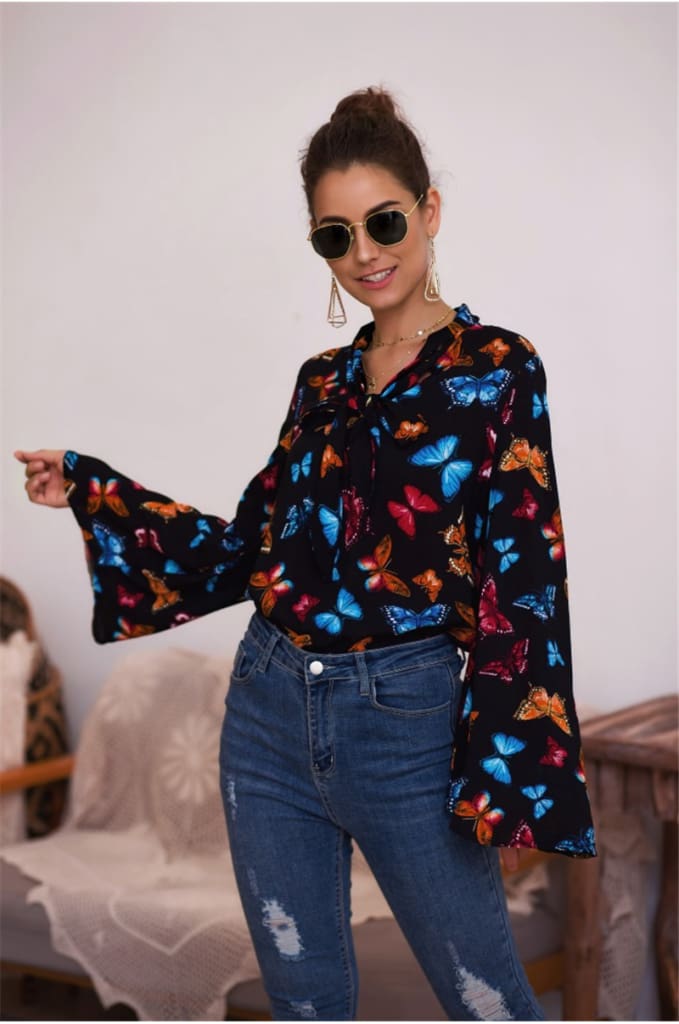 Boho Holiday Women Tops Shirt Elegant Long Sleeve Floral Shirt Ladies Long Sleeve V Neck Loose T shirt Streetwear