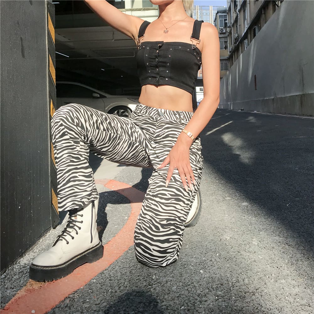 Fashion Long Pants Women High Waist Flat Front Zebra Print Wide-Leg Pants Trouser