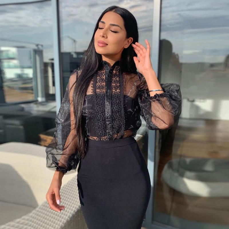 Women Mesh Sheer Blouse See-through Hollow Deep V Lace Crop Top Long Sleeve Top Shirt Sexy Lace Black Shirt Female Blusas