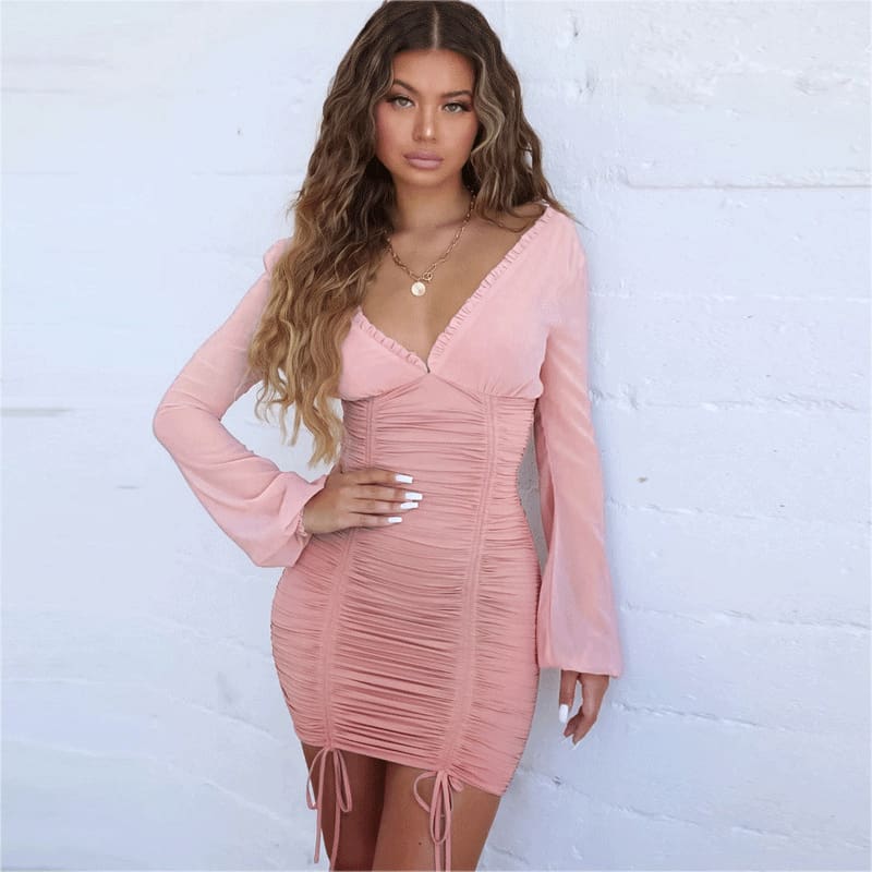 Women Mesh Sheer Long Sleeve Bandage Bodycon Evening Party Club Mini Dress Ladies Deep V Neck Backless Dress