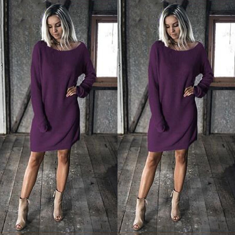 New Fashion Women O Neck Long Sleeve Dress Solid Color Loose Dress Ladies Casual Warm Mini Dress Winter