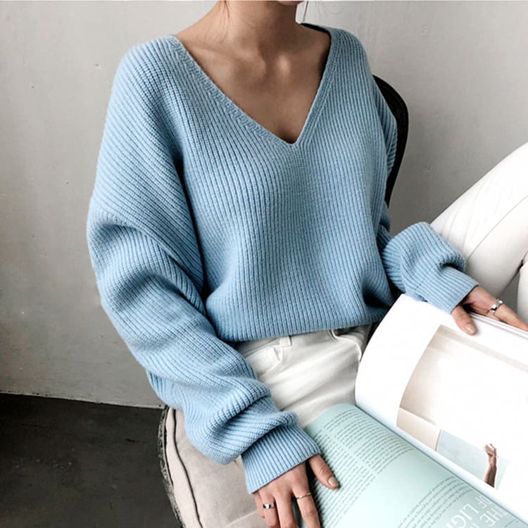 Fashion Women Long Sleeve Knitted Sweater Knitwear Jumper Outwear Autumn Winter Casual Tops Pullover V neck Sweaters One Size