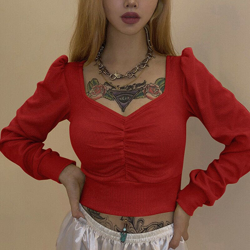 Women Crop Top Slim Fit Knitted V Neck Long Sleeve Pleated T-shirt Fashion Ladies Girl T-shirts Streetwear