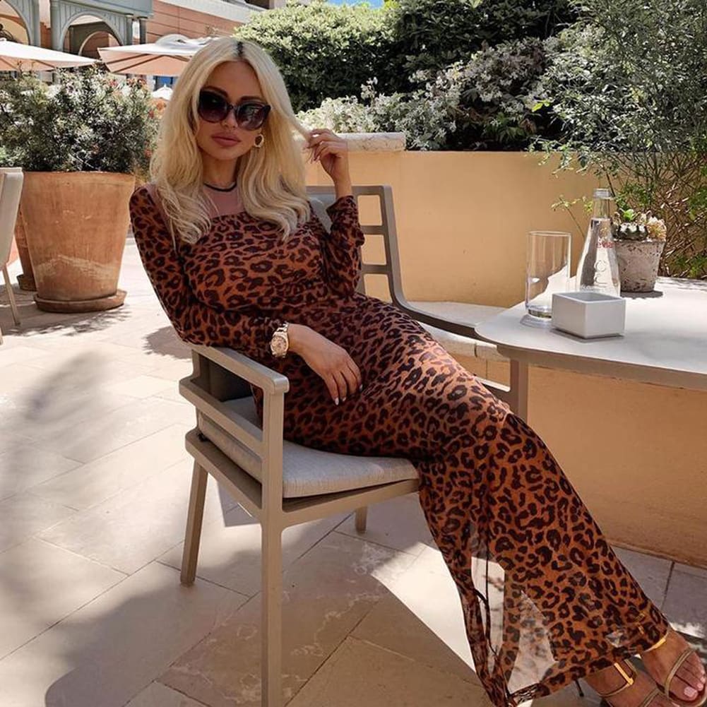 Women Long Sleeve Bodycon Leopard Dress Mesh See-through Party Evening Club Slim Fit Maxi Dress