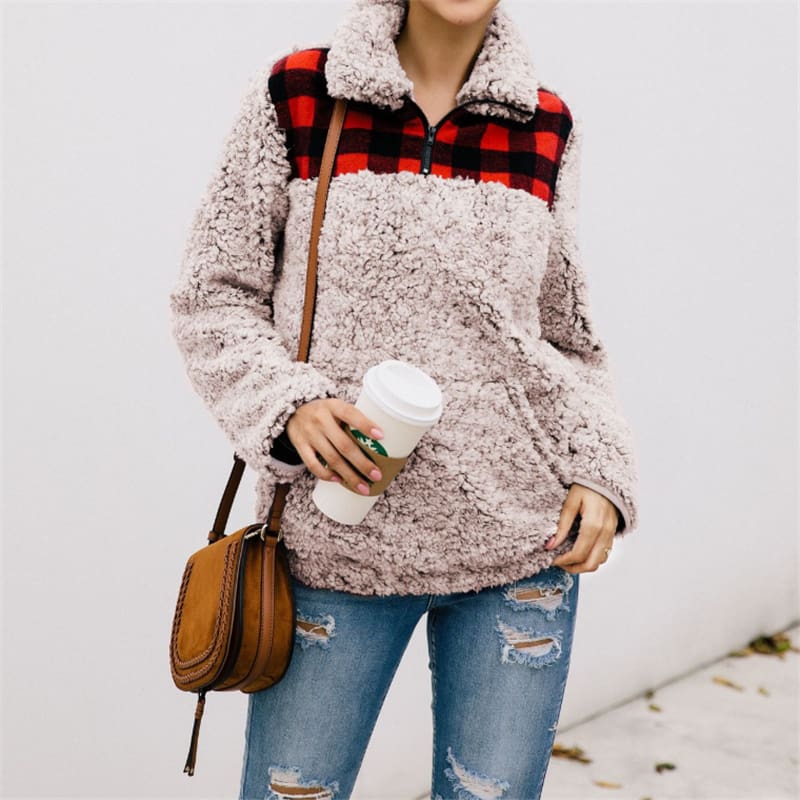 Women Fleece Outerwear Fashion Plaid Patchwork Fluffy Thick Sweaters Warm Zipper Pullovers Women Winter Coat Sherpa Tops