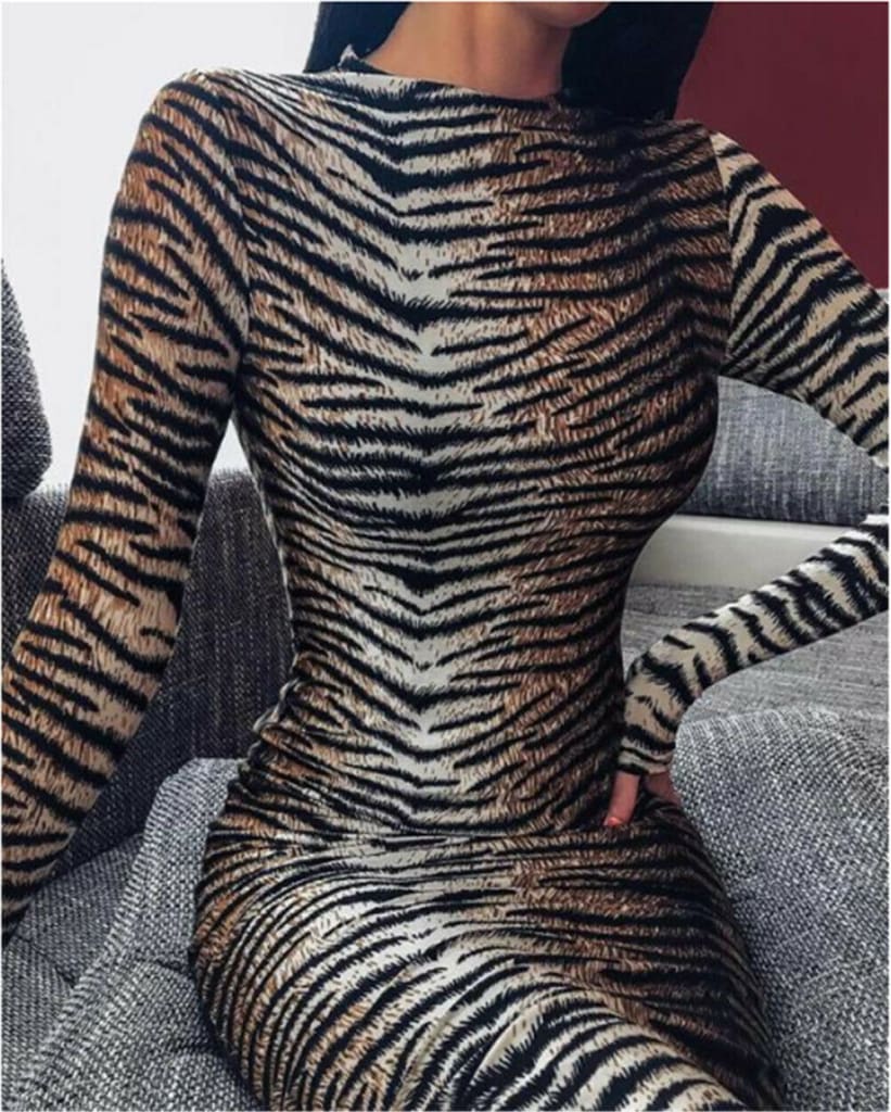 Womens Boho Shirt Dress Long Sleeve Casual Evening Party Slim Fashion Tiger Stripes Bodycon Long Sleeve Dress