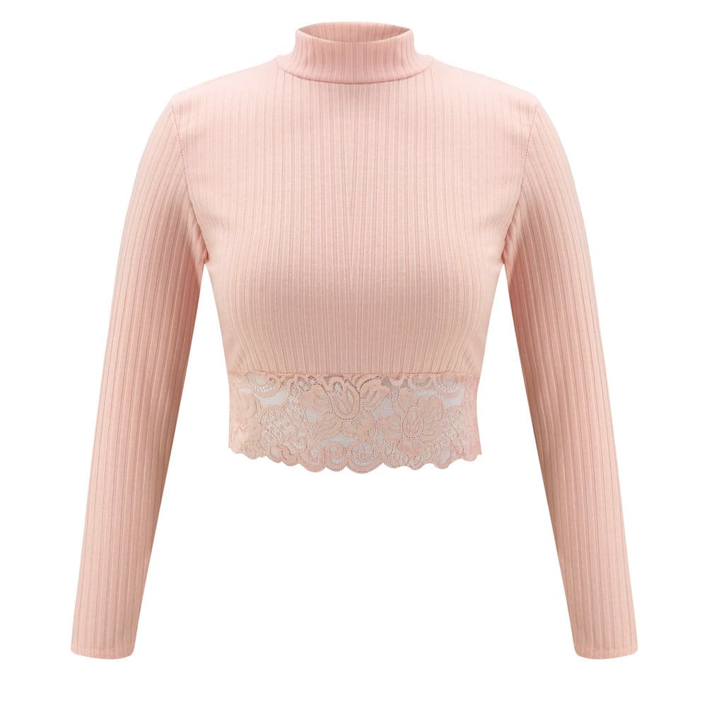 Womens High Collar Lace Crop Tops T-Shirt Laies Stretch Casual Long Sleeve Knit Slim Fit Top