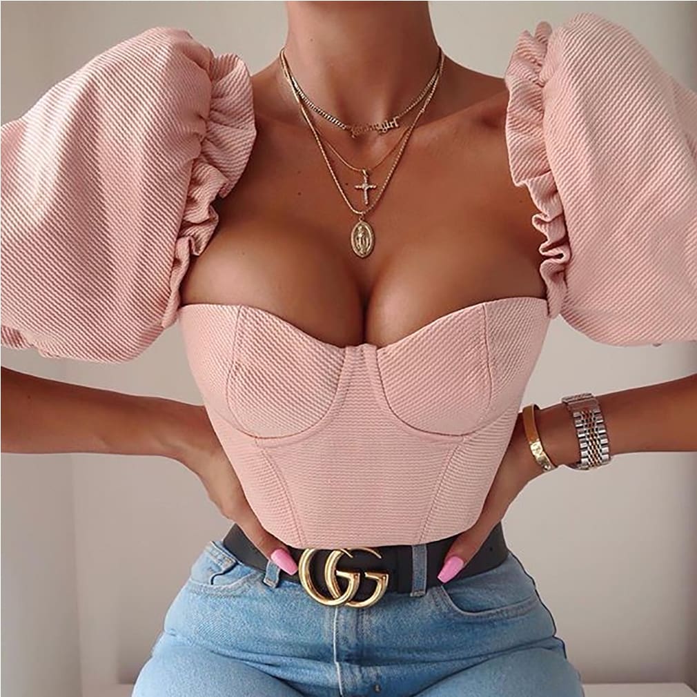 Women Ruffles Square Collar Crop Top Women Blouses Summer Vintage Half Puff Sleeve Ladies Tops Shirts