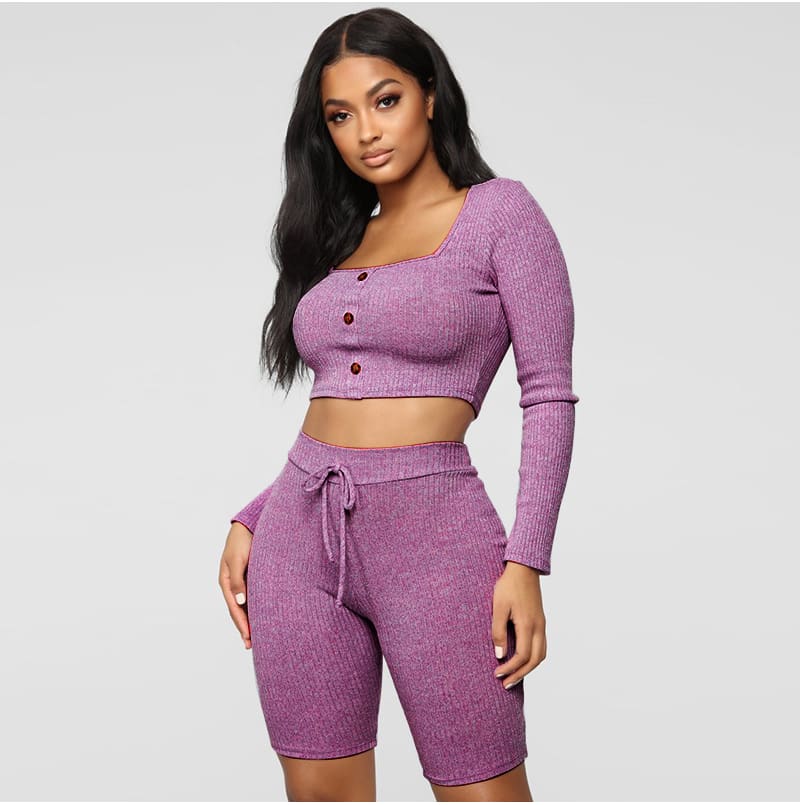 Fashion Outfits Set Women Bandage Long Sleeve Crop Top and Shorts Pants Suit Fitness Workout Sport Stretch 2 Piece Set