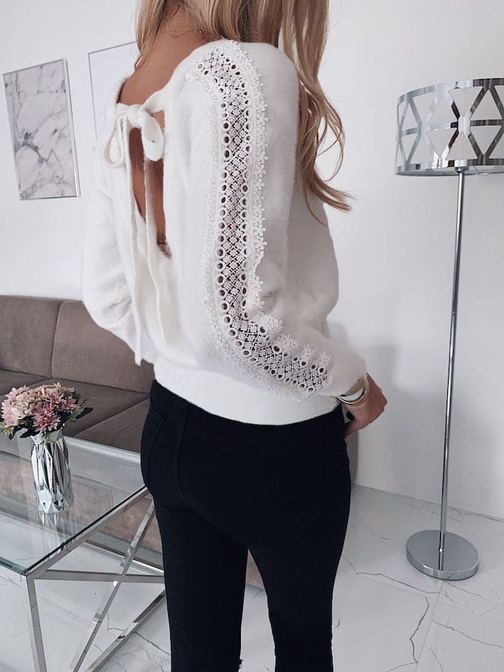 Women Lace Bandage Tops Ladies Long Sleeve Round Neck Backless Blouse Pullover Loose Shirt