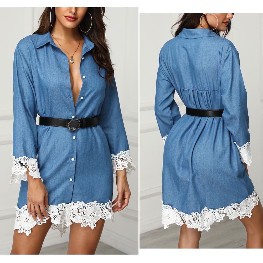 Fashion Womens Denim Dress Button Summer Lace Long Sleeve Office Ladies Casual Loose Tops Mini Shirt Dress