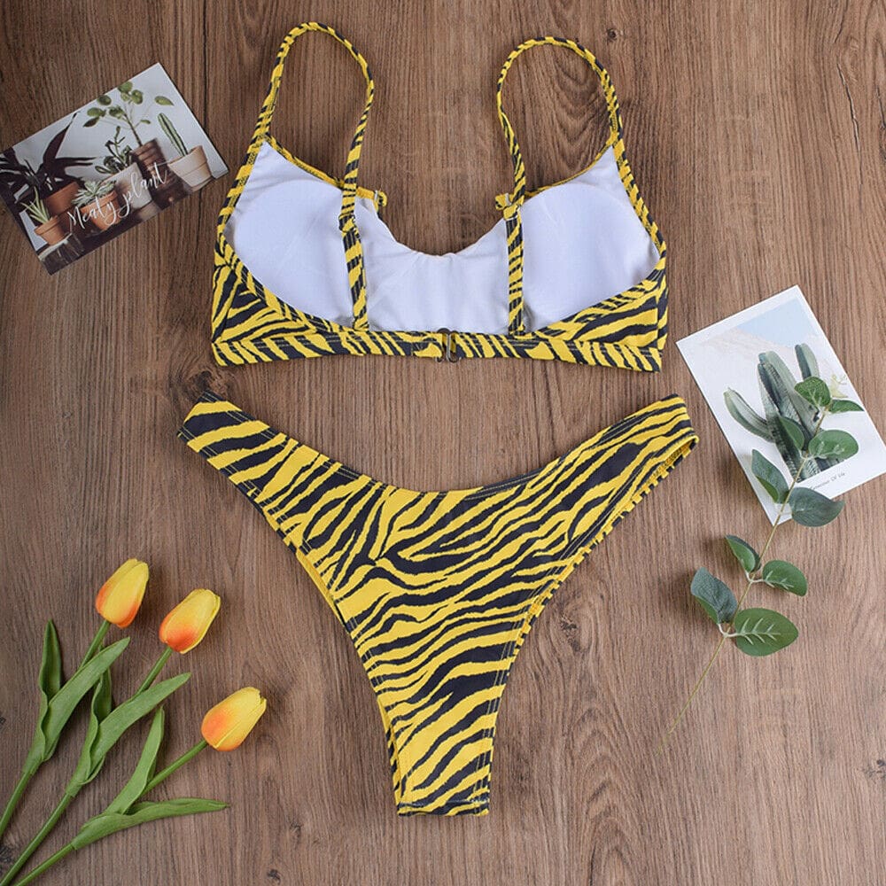 NEW Women Push up Bikini Set Padded Bra Striped Bandage Closed Swimsuit Swimwear Tiger Print Beach Bathing 2020 Hot