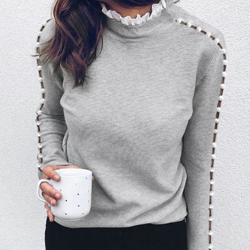 Fashion Women Ladies Long Sleeve Lace Hollow T-shirt Turtleneck Pearl Top Autumn Winter Warm Casual Tee T-shirts