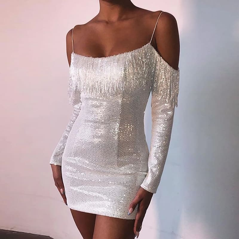 Strap Tassel Sequins Dress Party Clubwear Mini Dresses Ladies Off Shoulder Dress Vestido