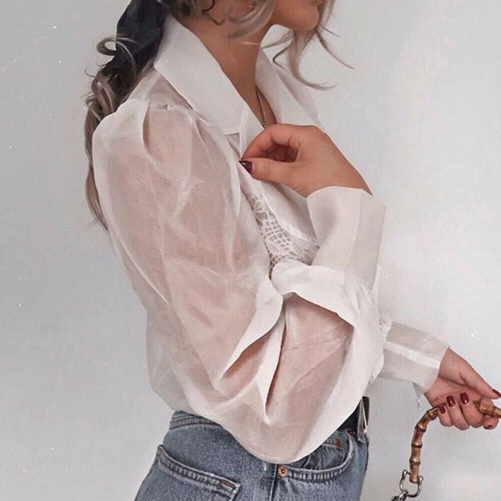 Solid Turn-down Collar Strappy Mesh Shirts Blouses Women Vintage Autumn Shirts Ladies Lace Fishnet Cardigans