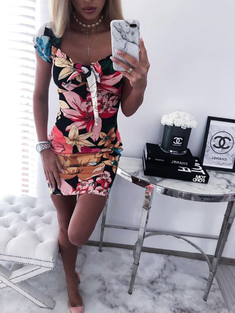 Womens Floral Printed Bodycon Short Mini Dress