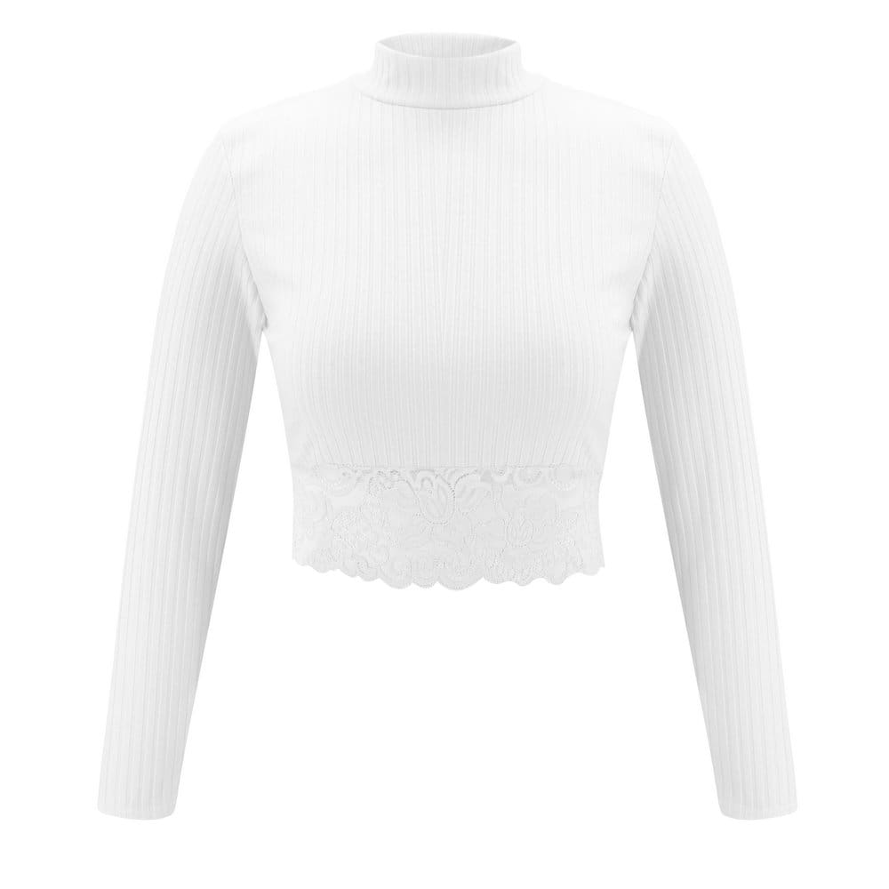 Womens High Collar Lace Crop Tops T-Shirt Laies Stretch Casual Long Sleeve Knit Slim Fit Top