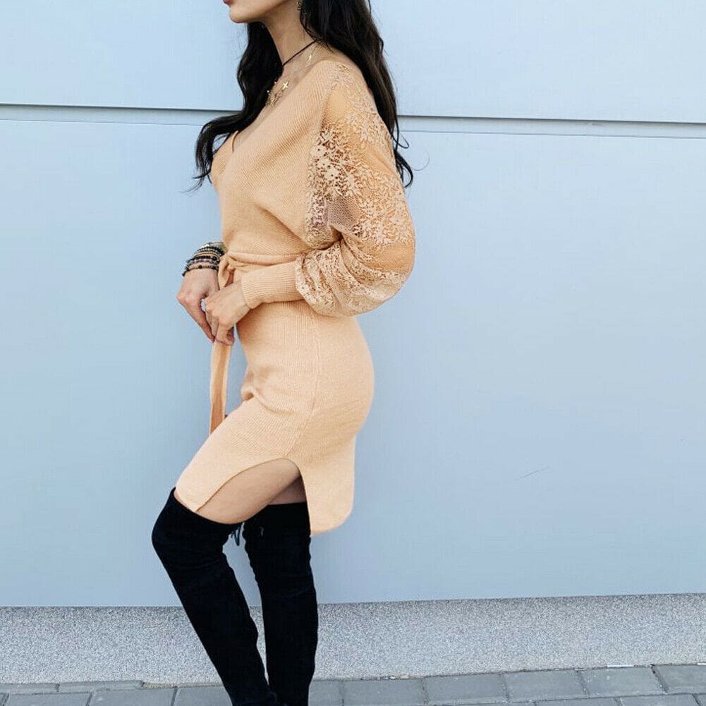 Women Elegant Knitted Pencil Dress New Woolen Split Dress Lace Long Sleeve V Neck Party Clubwear Belt Autumn Winter Lady