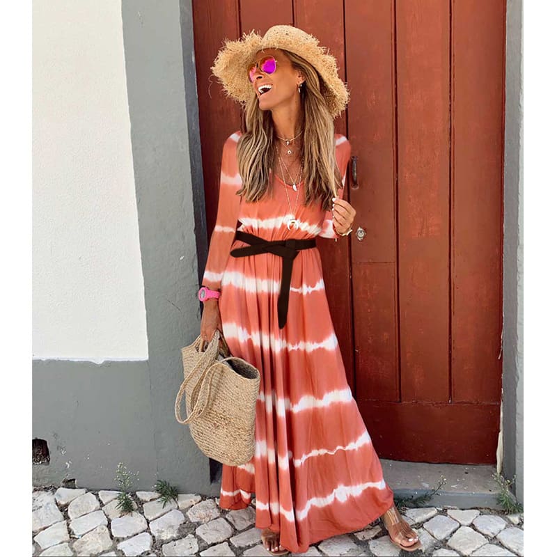 Women Boho Long Sleeve Striped V Neck Long Maxi Dress 2019 Fashion Ladies Autumn Fall Wrap Dresses Sundress