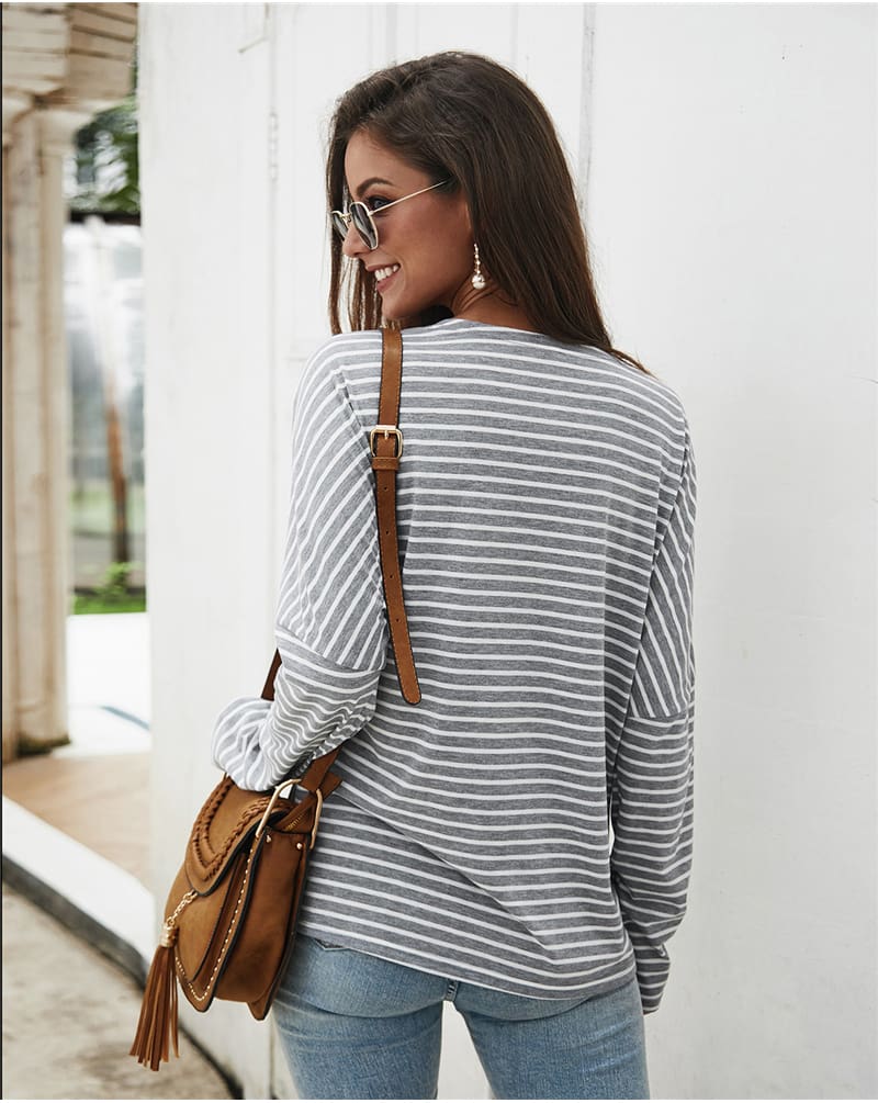 Fashion Women Autumn Casual Top Long Sleeve T shirt V Neck crisscross Tee Shirt Femme Elegant Stripe Dames tshirt Streetwear