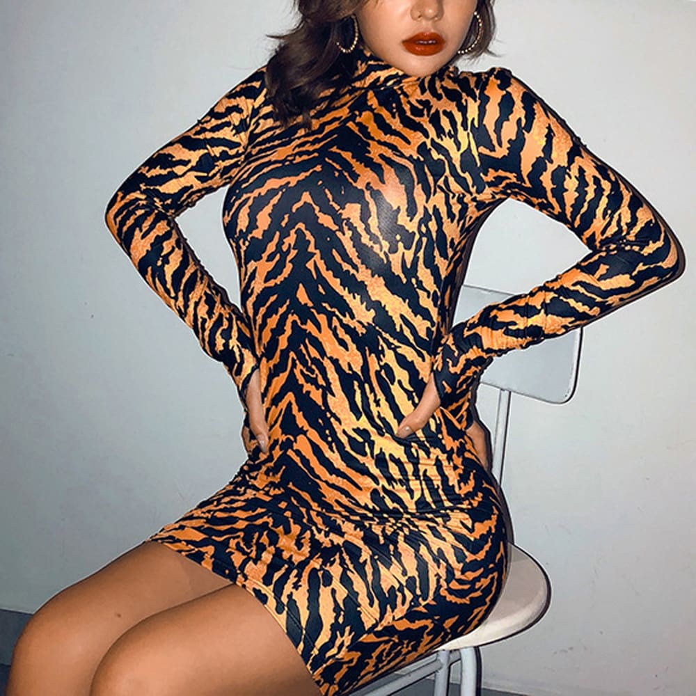 Leopard Dress Sexy Womens Lady Long Sleeve Bandage Bodycon Evening Party Short Mini Dress Slim Fit Clubwear