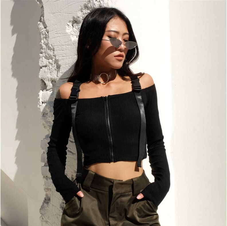 Women Punk Crop Tops Button Zipper Long Sleeve Off Shoulder High Street Thin Top Plus Size