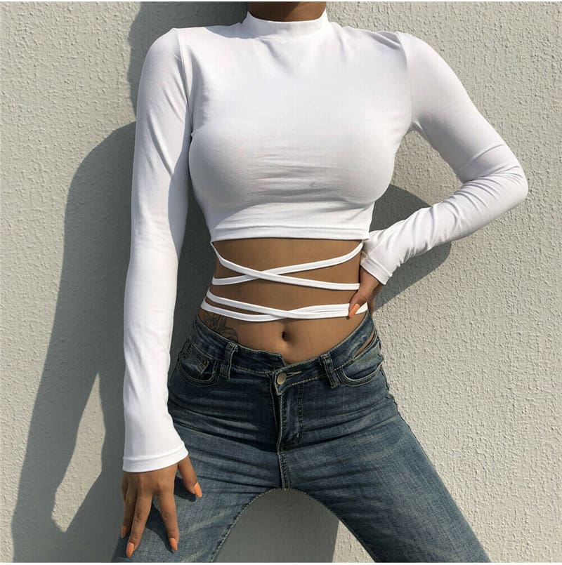 Women Bandage Tight Crop Tops Long Sleeve Bodycon Long Sleeve T shirt Ladies Plain Tee shirt Femme Party Club Tshirt