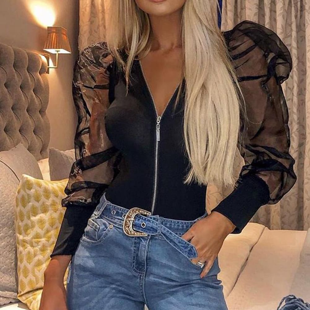 Fashion Women Leotard Bodysuit Tops Autumn Ladies Mesh Zipper Puff Sleeve Solid Romper Jumpsuit Clubwear