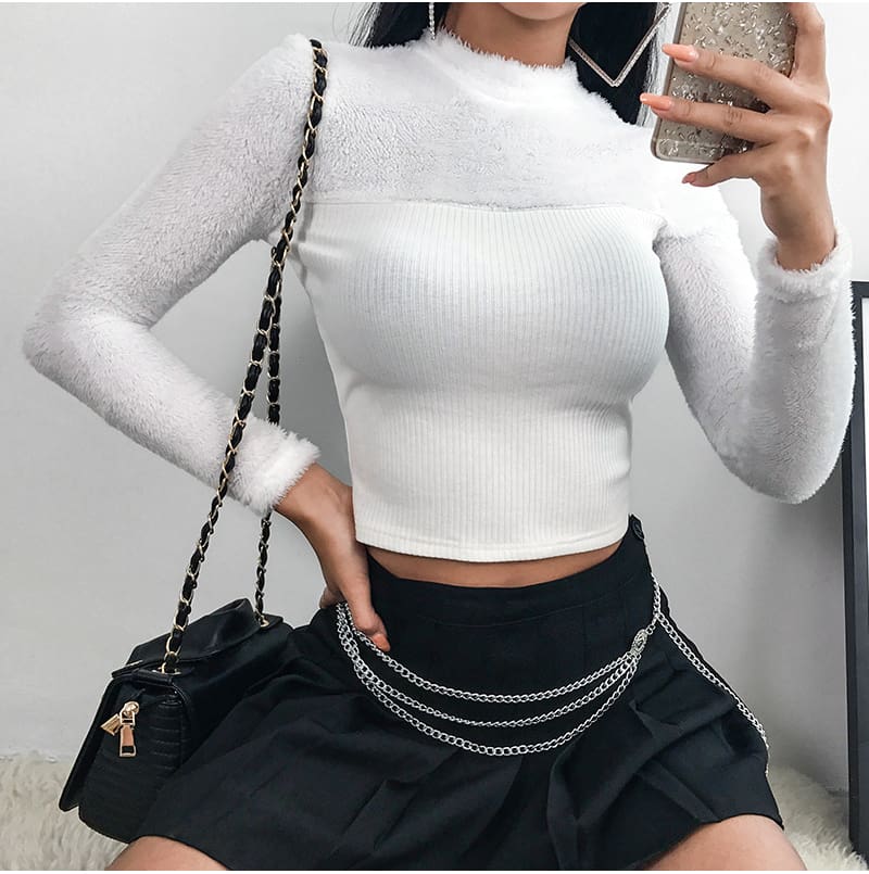 Fashoin Women Winter T shirt Bandage Crop Top Elegant Long Sleeve Tee shirt Femme Warm turtleneck Tops Shirt Streetwear