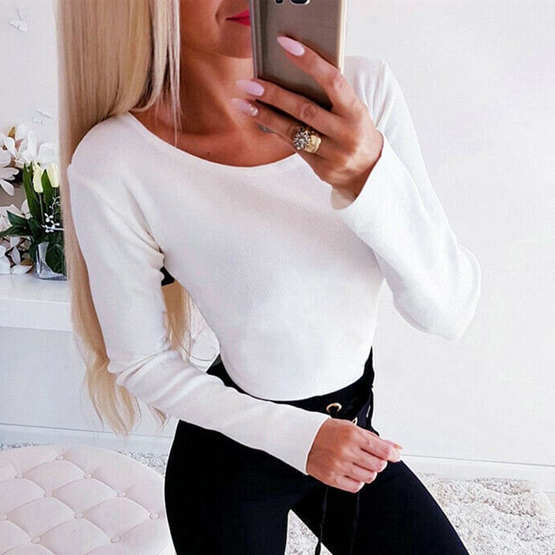 Autumn Women Casual Blouse Ladies Backless Lace Cross Long Sleeve Knitting Slim Tops Loose Round Neck Shirt