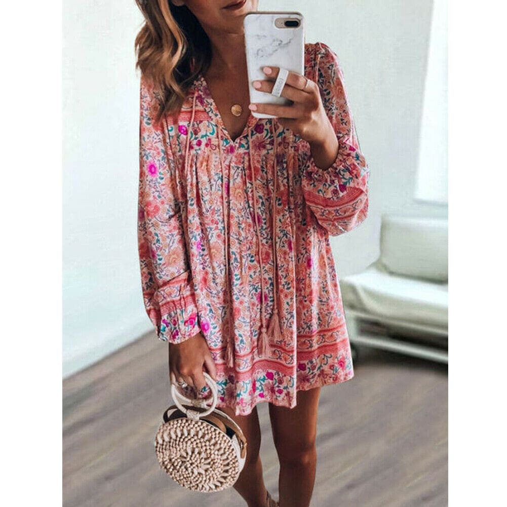 Fashion Women Vintage Boho Loose Dress Bohemian Ladies Summer Long Sleeve Baggy Sundress Beach Holiday Wear