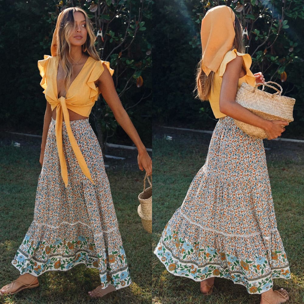 Women Stretch High Waist Floral Print Long Skirt Maxi Beach Casual Boho Polyester Ankle-length Skirt