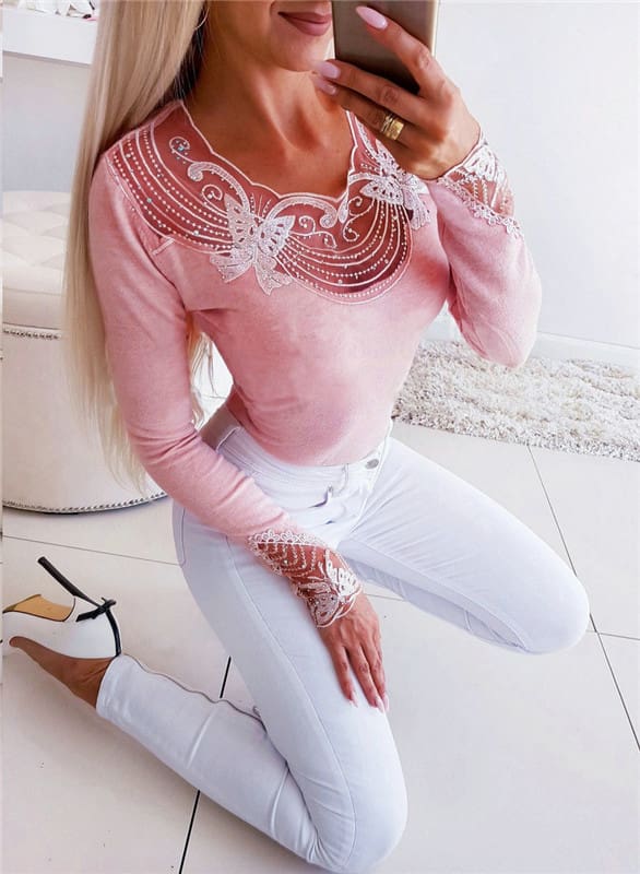 Autumn Women Lace Sequins Blouse Fashion Butterfly Beaded V Neck Tee Shirt Casual Long Sleeve Slim Fit Tops