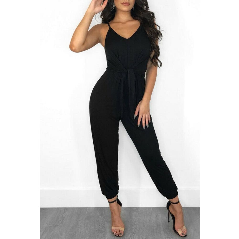 Womens Casual Sleeveless Jumpsuit Slim Summer Fashion Solid Front Bow Slim Fit Long Pant Trousers Jumpsuit Bodysuit