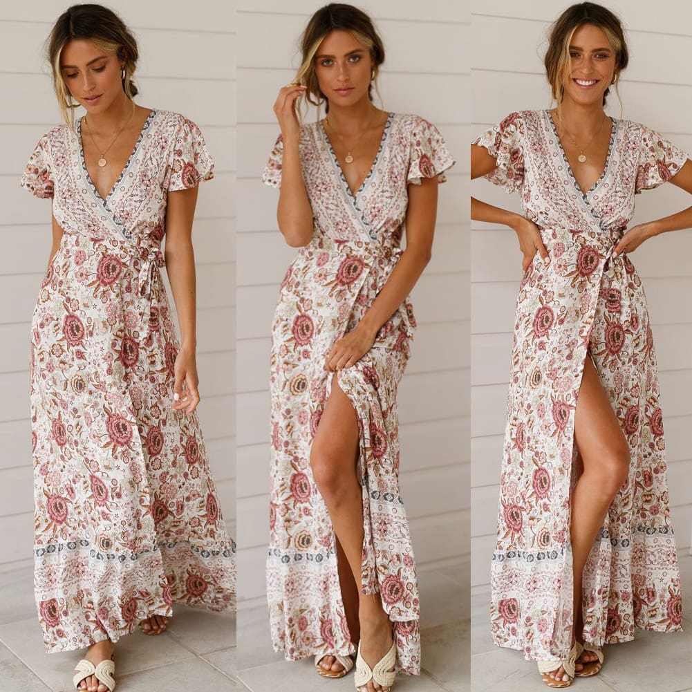 Holiday Long Dress Womens Boho Dresses Lady Boho Floral V-neck Long Maxi Dress Summer Beachwear Sundress