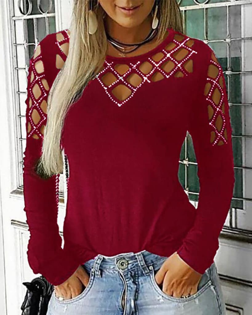 Fashion Women Hollow Out Long Sleeve Casual Shirt Top Sexy Ladies O-Neck Autumn Casual Top Outwear Streetwear