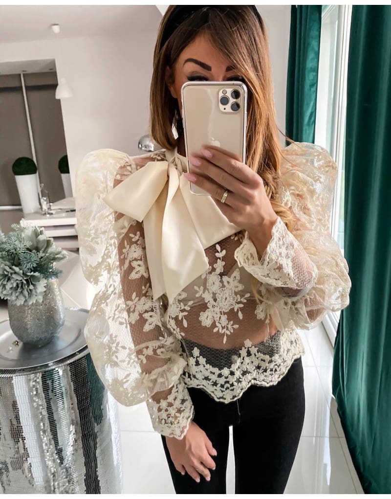 Lace Crochet Womens Tops and Blouses Elegant Sheer Mesh Long Puff Sleeve OL Shirt Ladies See Through Transparent blusa feminina