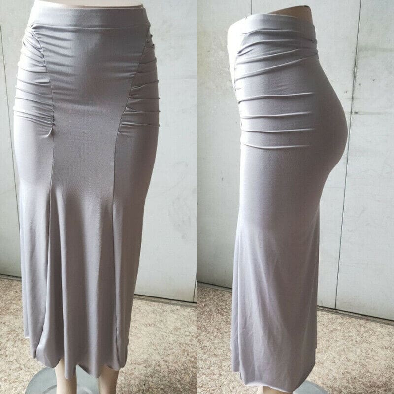 Women Plain Pleated High Waist Long Maxi Skirt Sexy Stretch Solid Bodycon Mermaid Party Skirt