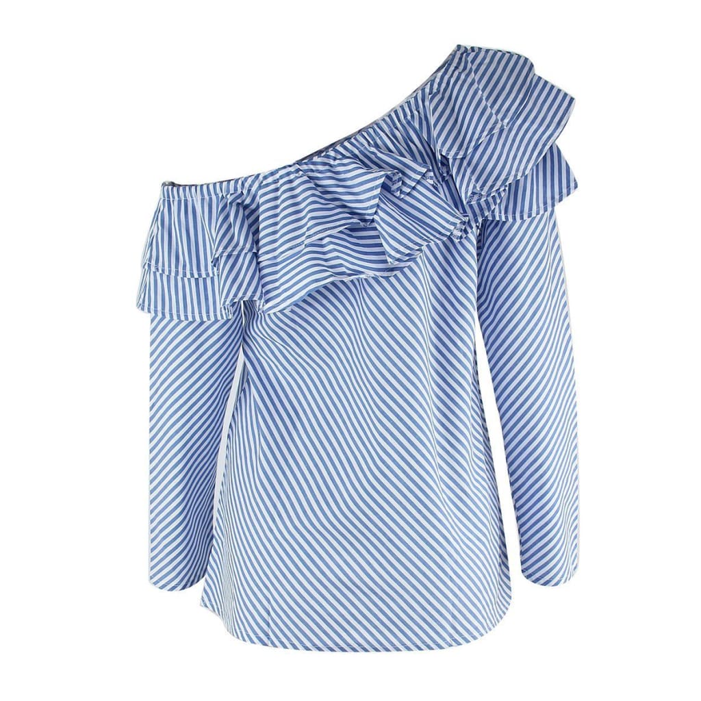 Fashion Womens blue white striped One Shoulder Blouse Ruffles Long Sleeve Casual womens shirt blouses top plus size