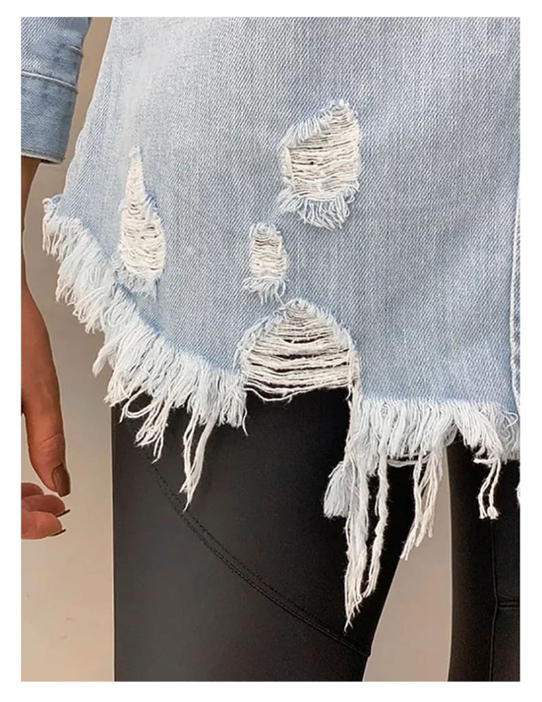 New Fashion Autumn Womens Hole Patch Denim Ripped Jeans Distressed Denim Long Sleeve Jacket Coat Outwear Streetwear