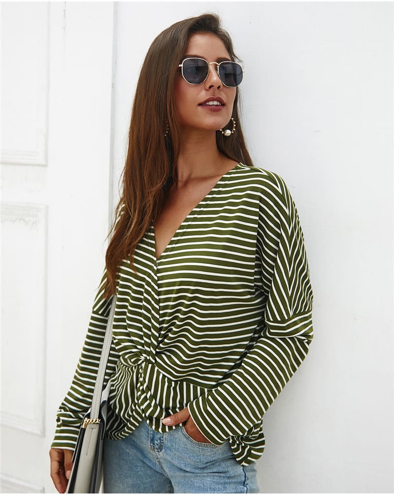 Fashion Women Autumn Casual Top Long Sleeve T shirt V Neck crisscross Tee Shirt Femme Elegant Stripe Dames tshirt Streetwear