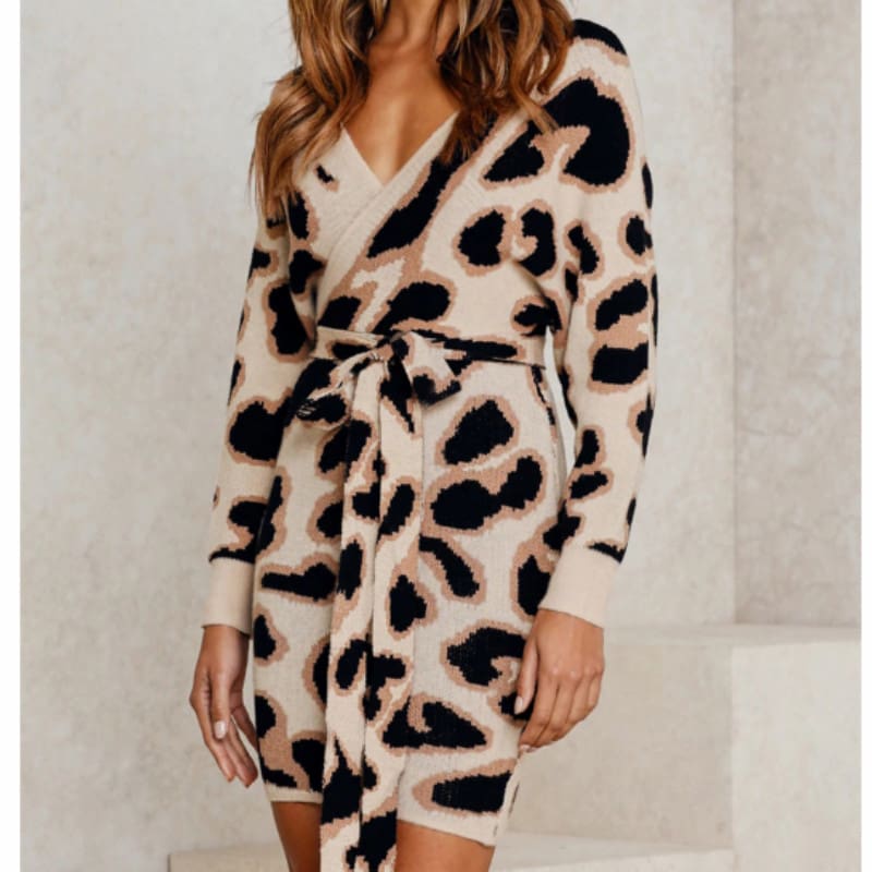 New Fashion Women Autumn Elegant Leopard Bodycon Dress Long Sleeve V-neck Backless Casual Vintage Dress