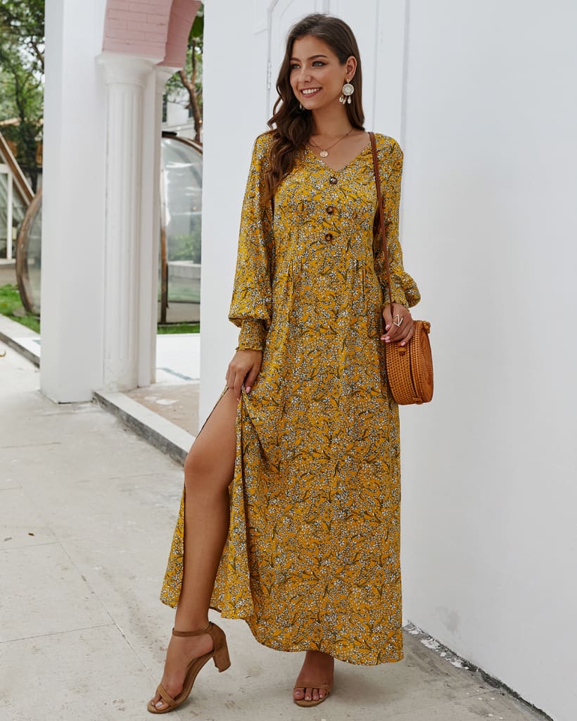 Women Ladies Long Lantern Sleeve Autumn Dress Floral Autumn Pre-fall Holiday Buttons Maxi Dress