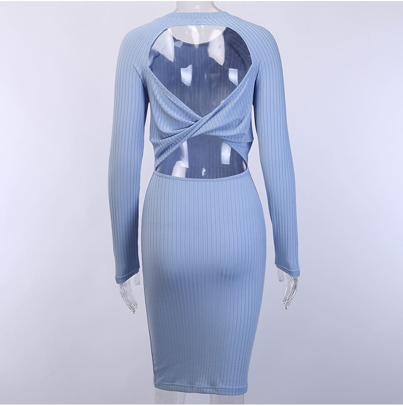 Fashion Women Sexy Formal Bodycon Midi Dress Elegant Long Sleeve Hollow out Solid Autumn Ladies Dresses Party Club Clubwear